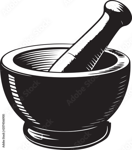 Mortar and pestle illustration in black and white