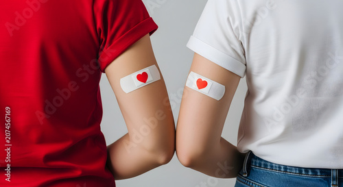 Two people arms with band-aids