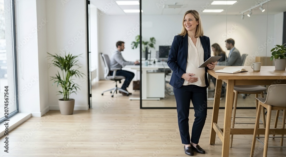 Fototapeta premium Smiling pregnant businesswoman holding tablet in modern office. Pregnant entrepreneur standing at workplace