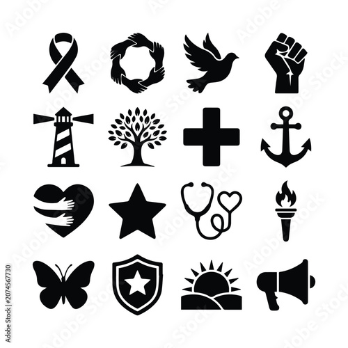 Fotografie Community support and humanitarian aid symbols set for social foundations