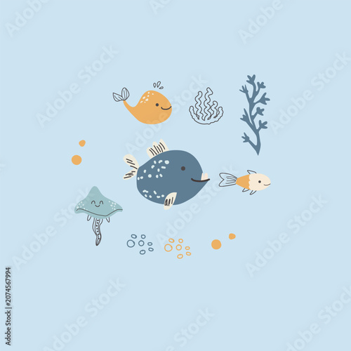 Canvas Print Cute Anglerfish and jellyfish and tropical fish composition