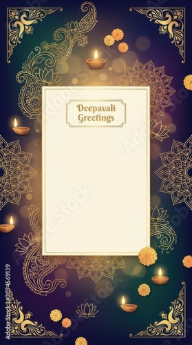 Deepavali greetings frame card with diya lamp and mandala background