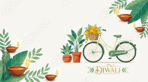 Diwali banner with bicycle marigold flower basket and diya oil lamp