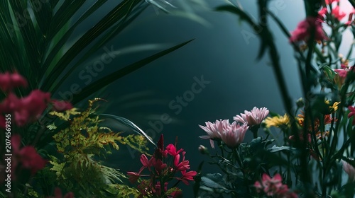 An abstract and moody backdrop featuring lush greenery and vibrant blooms enhanced by atmospheric haze creating a visually intriguing close up shot