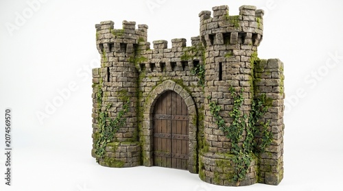 Miniature model of a medieval castle gatehouse with stone walls