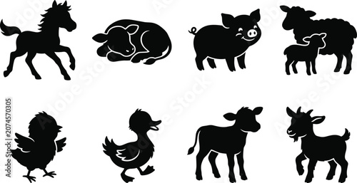 Cute baby farm animal black silhouette vector icon set featuring foal piglet lamb and chick