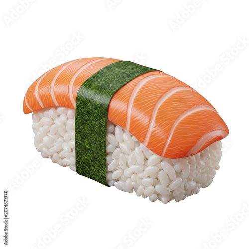 Delicious salmon nigiri sushi with green garnish isolated on transparent background