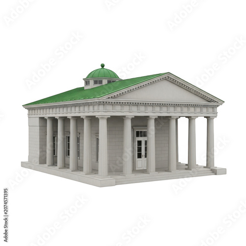 Neoclassical building with green copper roof and columns isolated on transparent background
