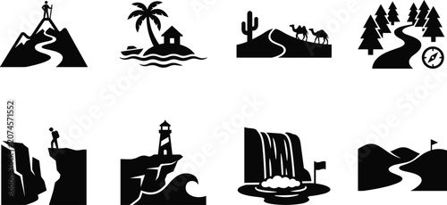 Travel Tourism Destinations and Outdoor Adventure Landscape Vector Silhouette Icon Set Isolated on White Background