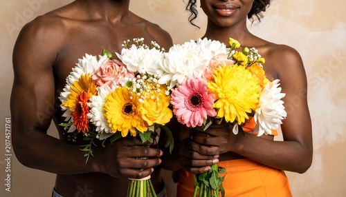 Partners Holding Bright Colorful Flowers During a Festive Celebration with Vibrant Floral Arrangement and Rich Colorful Background for Love and Happiness Concept