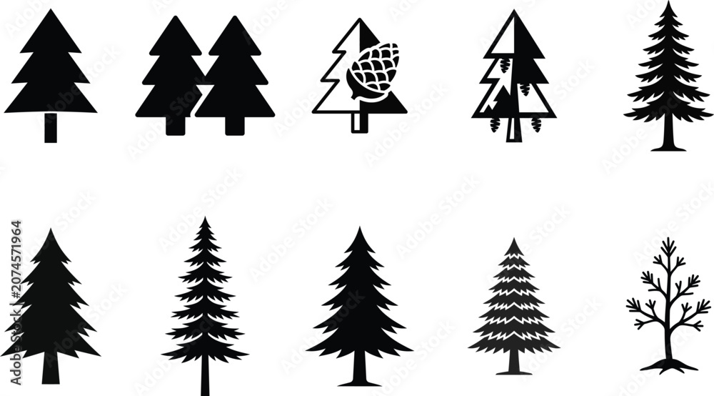 Fototapeta premium Collection of pine tree silhouettes for design and decoration