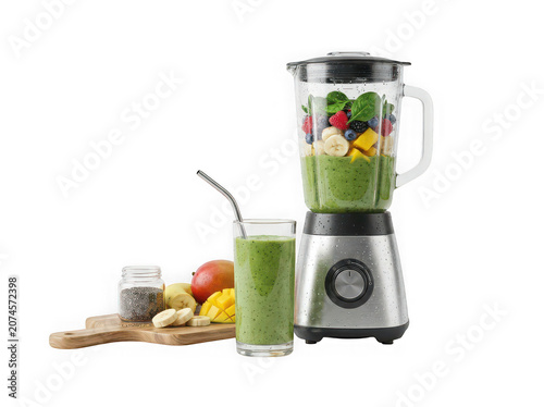 Healthy Green Smoothie Blender with Fresh Fruits Spinach Banana Mango and Berries Isolated on Transparent Background - 3D Kitchen Appliance Scene