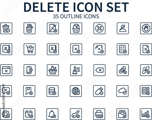 Delete icon set with 35 outline icons, remove and cancel symbols for interface design, minimalist black line web elements for data management