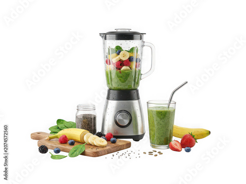 Healthy Green Smoothie Blender with Fresh Fruits Spinach Banana Mango and Berries Isolated on Transparent Background - 3D Kitchen Appliance Scene