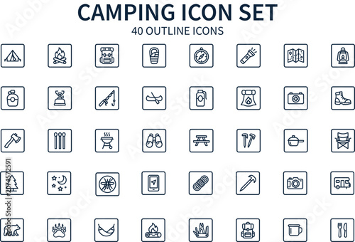 Camping icon set with 40 outline icons, outdoor adventure line symbols for hiking and travel, minimalist nature exploration vector elements