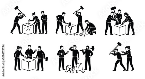 Canvastavla Silhouettes Of People Breaking Rocks With Hammers Vector Illustration