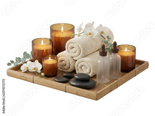 Luxury Spa Wellness Tray with Aromatherapy Candles Essential Oils Towels Orchid and Hot Stones Isolated on Transparent Background - 3D Relaxation Concept