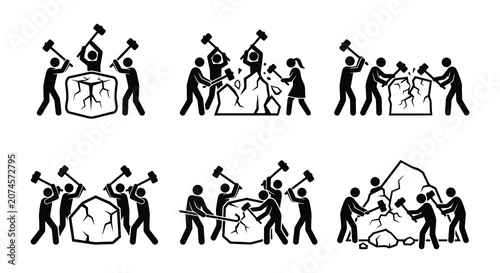 Canvastavla Silhouettes Of People Breaking Rocks With Hammers Vector Illustration