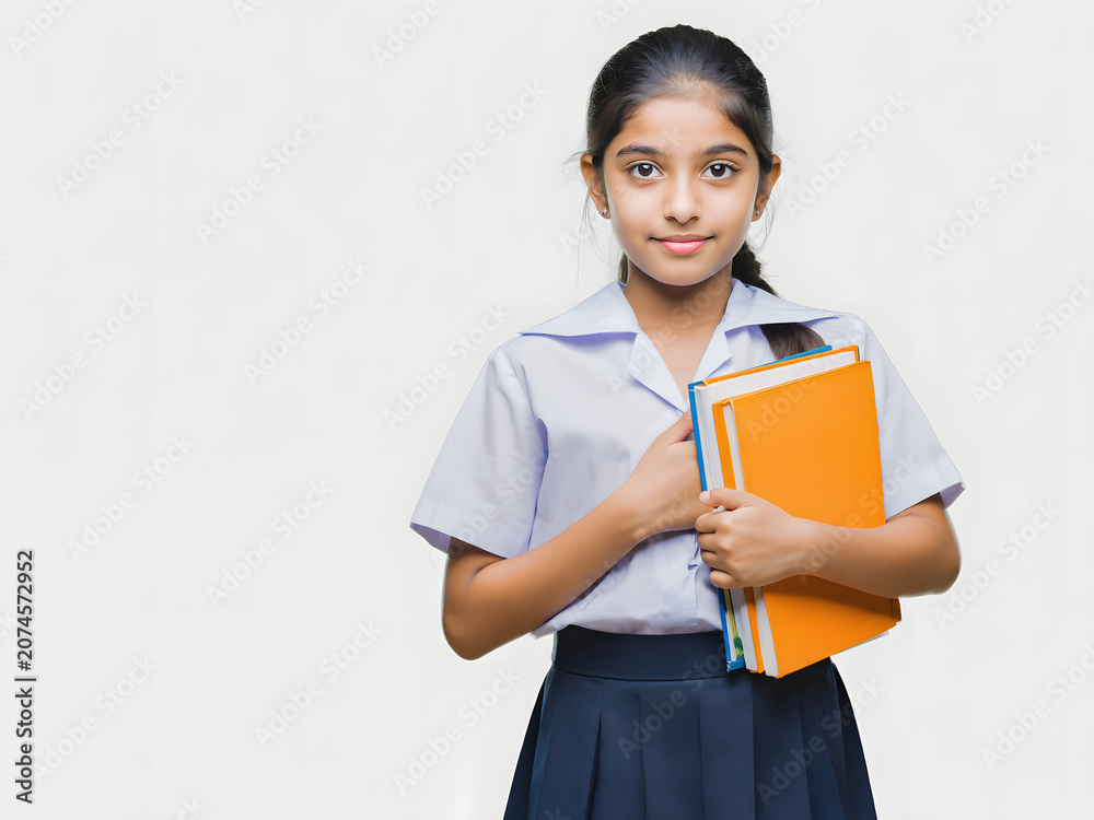 Obraz premium Portrait of a confident elementary school girl with notebooks isolated on a white backdrop