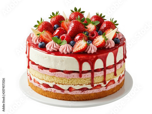 Delicious Strawberry Layer Cake with Fresh Berries Cream Frosting and Berry Glaze Isolated on Transparent Background - 3D Celebration Dessert