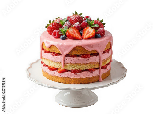 Delicious Strawberry Layer Cake with Fresh Berries Cream Frosting and Berry Glaze Isolated on Transparent Background - 3D Celebration Dessert