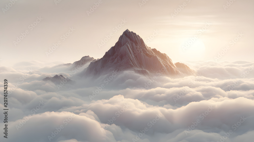Naklejka premium Majestic mountain peak rising above a sea of soft clouds at sunrise, creating a serene and ethereal atmosphere