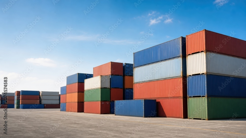 Fototapeta premium Containers are stacked at a shipping yard under clear blue sky during daylight