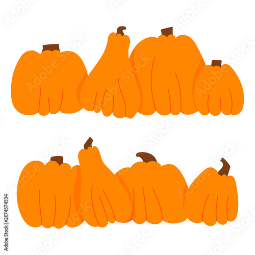 Set of Two Halloween Pumpkin Border Compositions Autumn Harvest Decorative Rows Isolated on White Background
