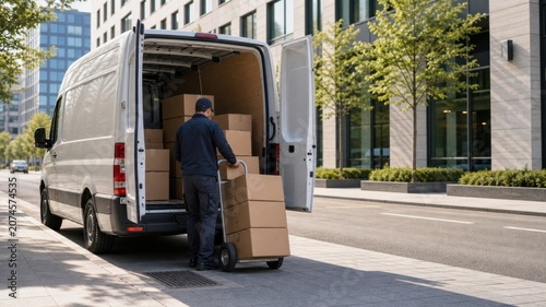 Photos Delivery person unloading boxes from a van on a city street during daytime near