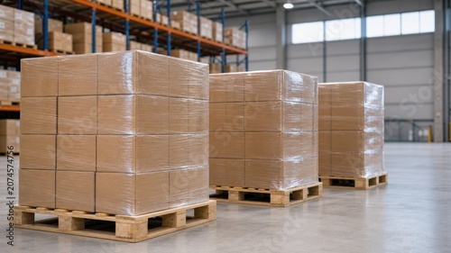 Workers move pallets of boxed items in a large warehouse during the day while preparing for shipping orders to customers