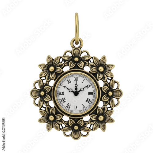Antique gold floral design pocket watch pendant isolated on transparent background