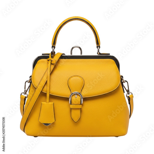 Vintage yellow leather handbag with chain strap and buckle closure isolated on transparent background