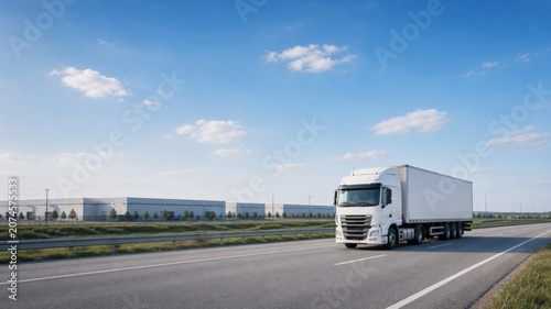 Truck drives on highway near warehouses in daylight with blue sky and clouds above