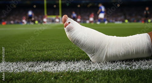 Injured athlete with bandaged foot lying on a professional soccer field