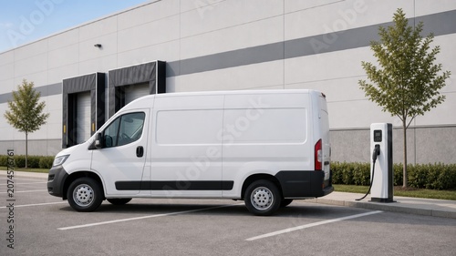Delivery van parked at electric vehicle charging station outside a warehouse during daytime
