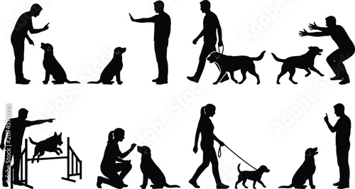 Fotografie Dog training silhouettes set with owners teaching commands agility jumping walki