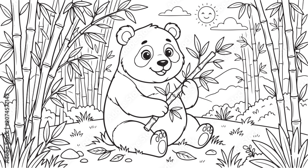 Fototapeta premium Cute panda bear sitting in a bamboo forest, coloring page for kids