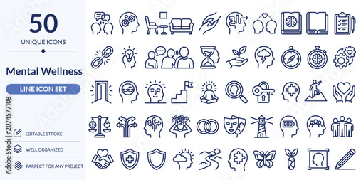 Mental Wellness Line Icons, 50 Editable Stroke Vector Icons for Mindfulness, Therapy and Mental Health