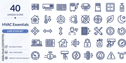 HVAC Essentials Line Icons, 40 Editable Stroke Vector Icons for Heating, Cooling and Ventilation