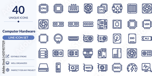 40 Computer Hardware Line Icons in Editable Stroke Style, CPU, Monitor, Laptop, Network Vector Set