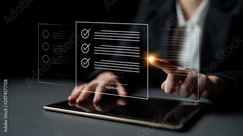 Foto A professional digitized document signing process showcased on a tablet, emphasizing interaction, verification, and modern business solutions for efficiency and security