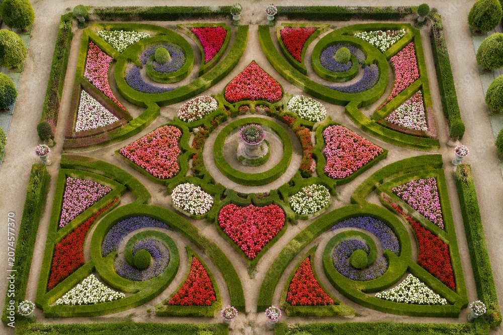 Fototapeta premium Geometric parterre garden with colorful flowers, aerial view, symmetrical pattern.