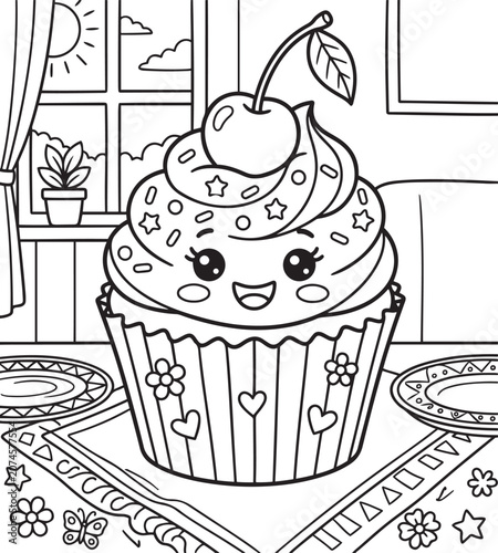 Bild auf Leinwand Cute kawaii cupcake with a cherry on top coloring page for kids
