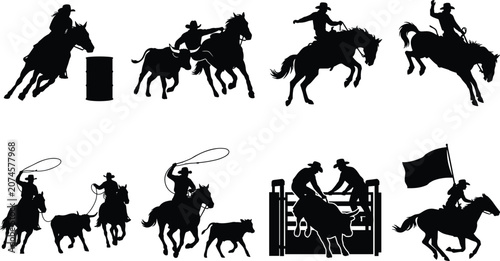 Photos Rodeo silhouettes set with cowboys and cowgirls barrel racing bull riding roping