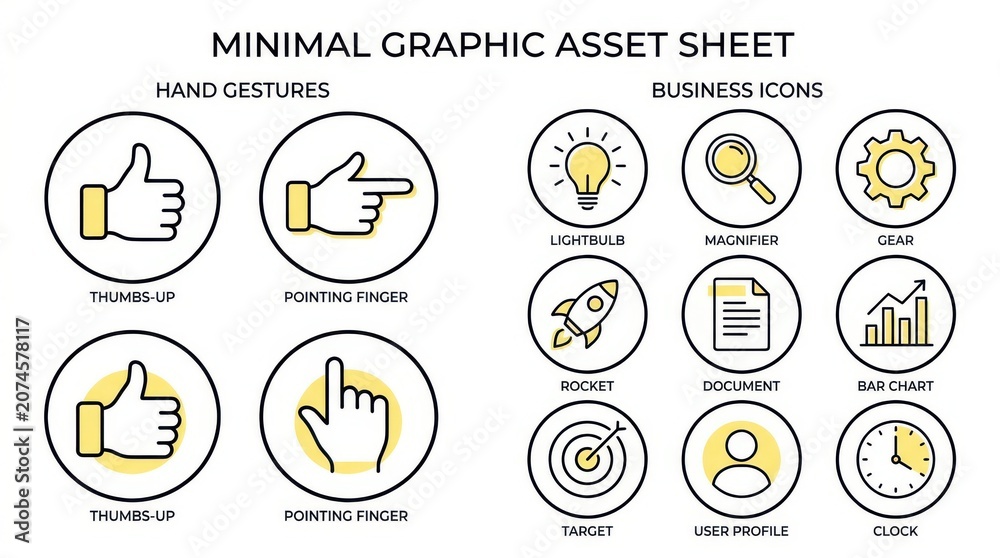 Fototapeta premium Minimal graphic asset sheet featuring hand gestures and business icons with yellow highlights