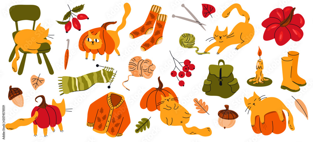 Obraz premium Autumn collection with cats, pumpkins, sweater, scarf, backpack, socks and seasonal accessories. Isolated vegetables, kittens and home decor on white background. Set of hand drawn vector illustrations