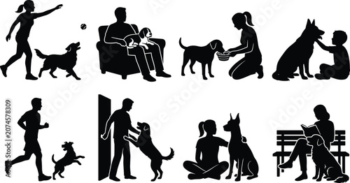 Obraz na płótnie Set of people interacting with dogs silhouettes playing feeding training resting