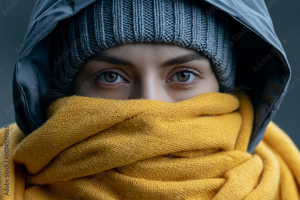 Fototapeta premium Person with yellow scarf and grey hat in winter