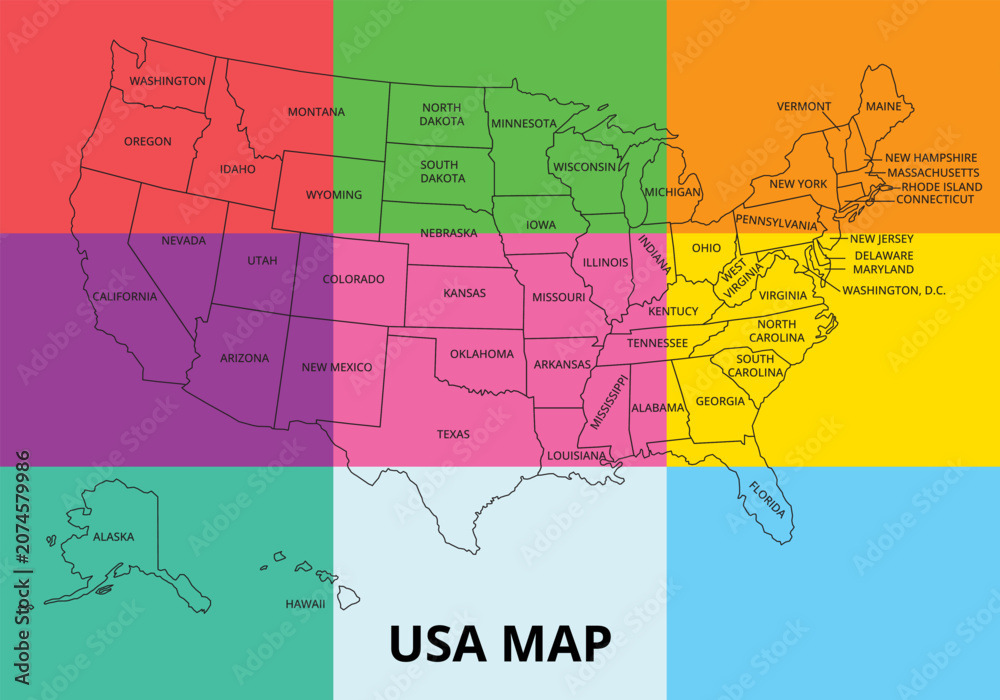 Naklejka premium USA Map with Color‑Coded Regions