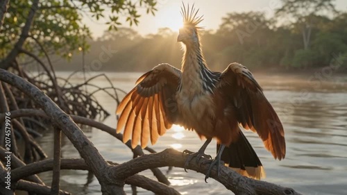 Hoatzin bird spreading wings at Amazon river sunrise